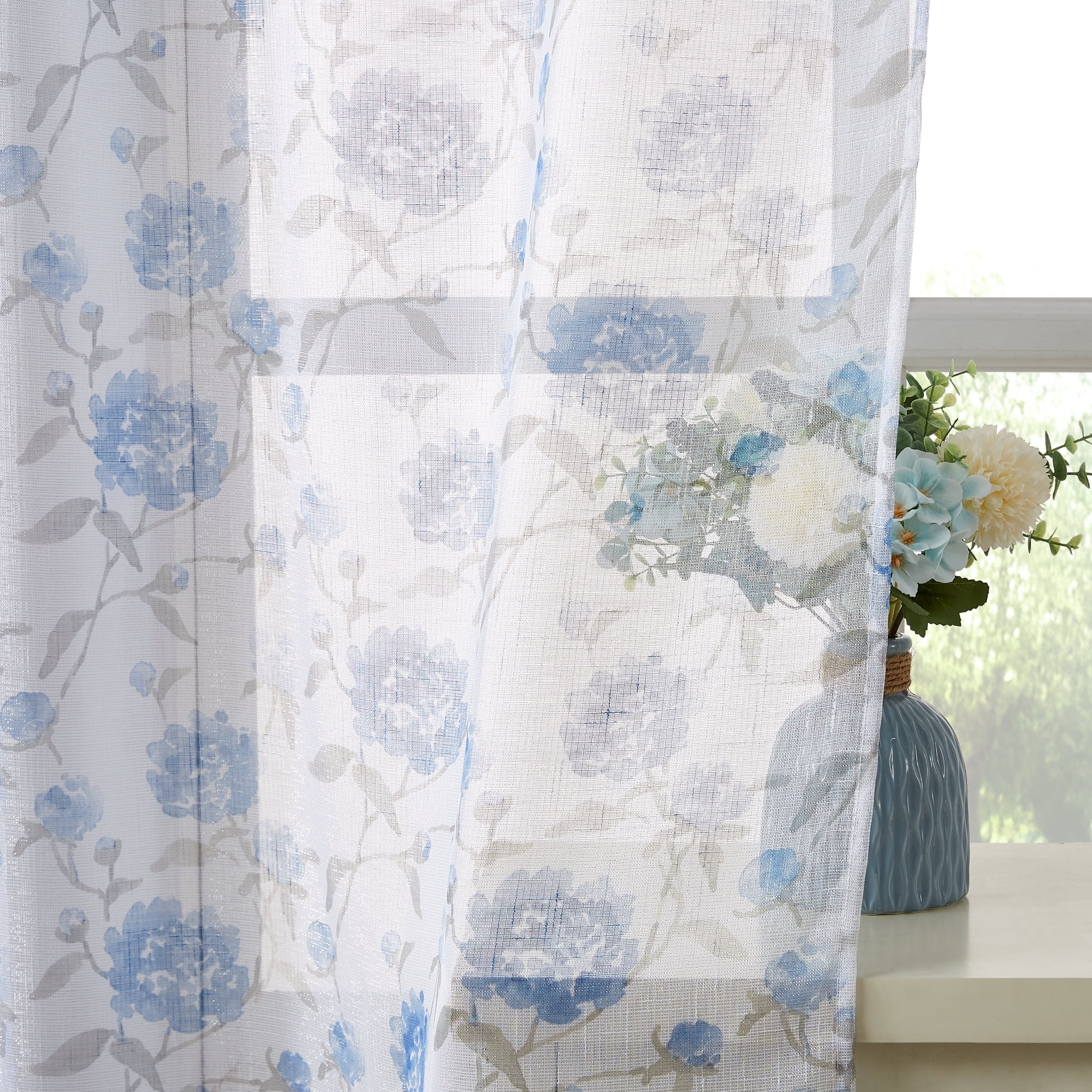 Bohogeo Blue Floral Leaf Print Poly Sheer Curtains with Linen Texture,2 Panels,84 inches in Length,Light-Filtering Privacy-Friendly Window Drapes with Rod Pocket for Living Room Decor,52W x 84L
