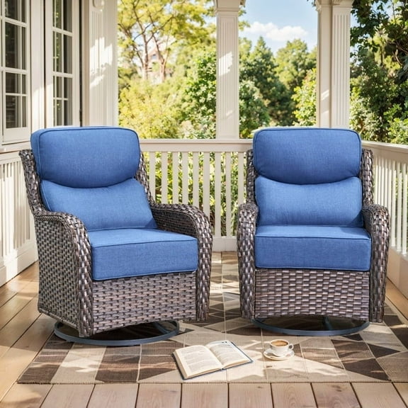 Gymojoy High Back Patio Swivel Rocking Patio Chairs, 2 PCS Wicker Outdoor Glider Chair with 6-inch Thick Cushion for Yard in Blue