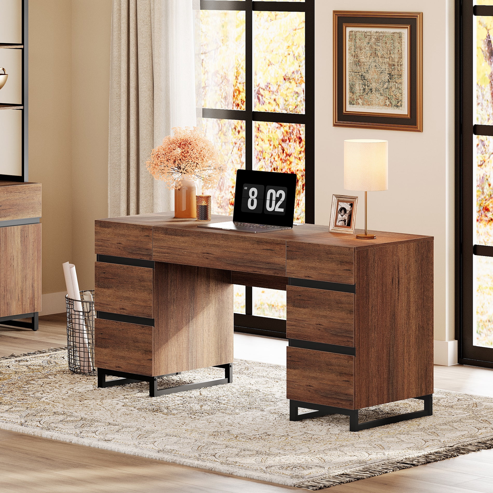 WAMPAT Home Office Set: 59" Modern Desk with Charging Station and Storage Cabinet,Three 72" Tall Bookcases with Adjustable Shelves, Wood Computer Desk and Library Storage Cabinet for Work Study,Brown
