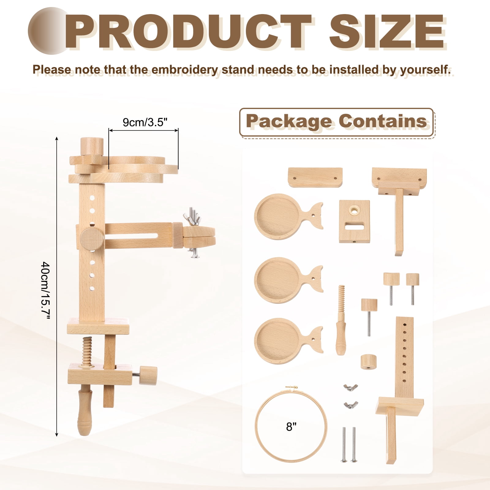 Uxcell Embroidery Hoop Stand, Adjustable Beech Wood Cross Stitch Holder with Built-in Storage Tray, with 8" Embroidery Hoop