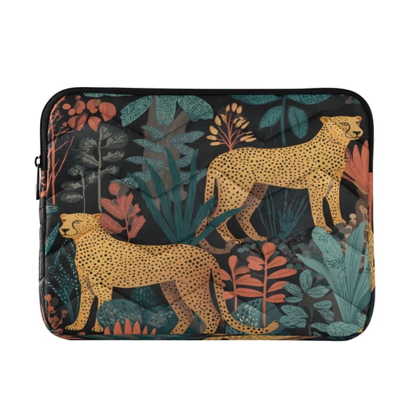 Quilted Laptop Sleeve for 13-16 Inch Laptops Protective Laptop Case Cover Lightweight Travel & Office Essentials Cheetah and Jungle Leaves