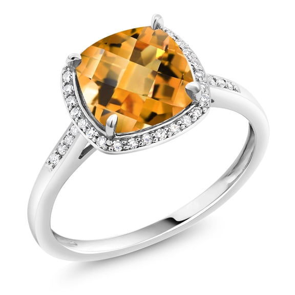 Gem Stone King 10K White Gold Yellow Citrine and White Diamond Women's Engagement Ring (2.25 Cttw, Cushion Checkerboard 8MM, Available in Size 5, 6, 7, 8, 9)
