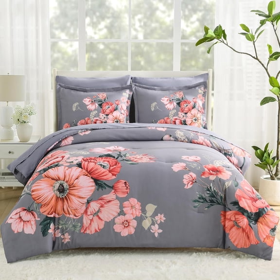 Queen Comforter Set - 7 Pieces Bed in a Bag Dark Grey Floral Queen Comforter Set with Sheets, Soft Microfiber Flower Complete Bedding Set for All Seasons(Dark Grey,90"x90")