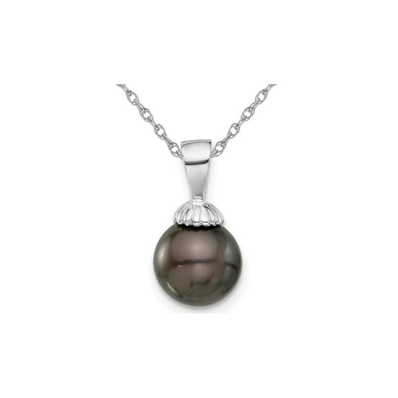 8-9mm Black Tahitian Solitaire Pearl Pendant Necklace in 14K White Gold with Chain