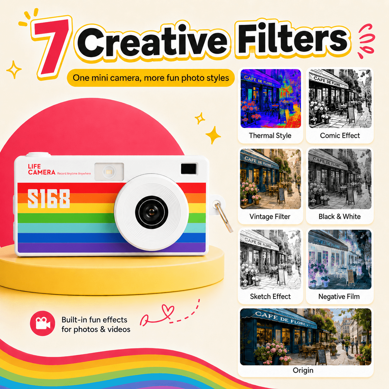 S168 Mini Digital Camera, 1440P HD Portable Keychain Design with 16GB Card, 7 Filters, Built-in Light, Usb-C Cable, White