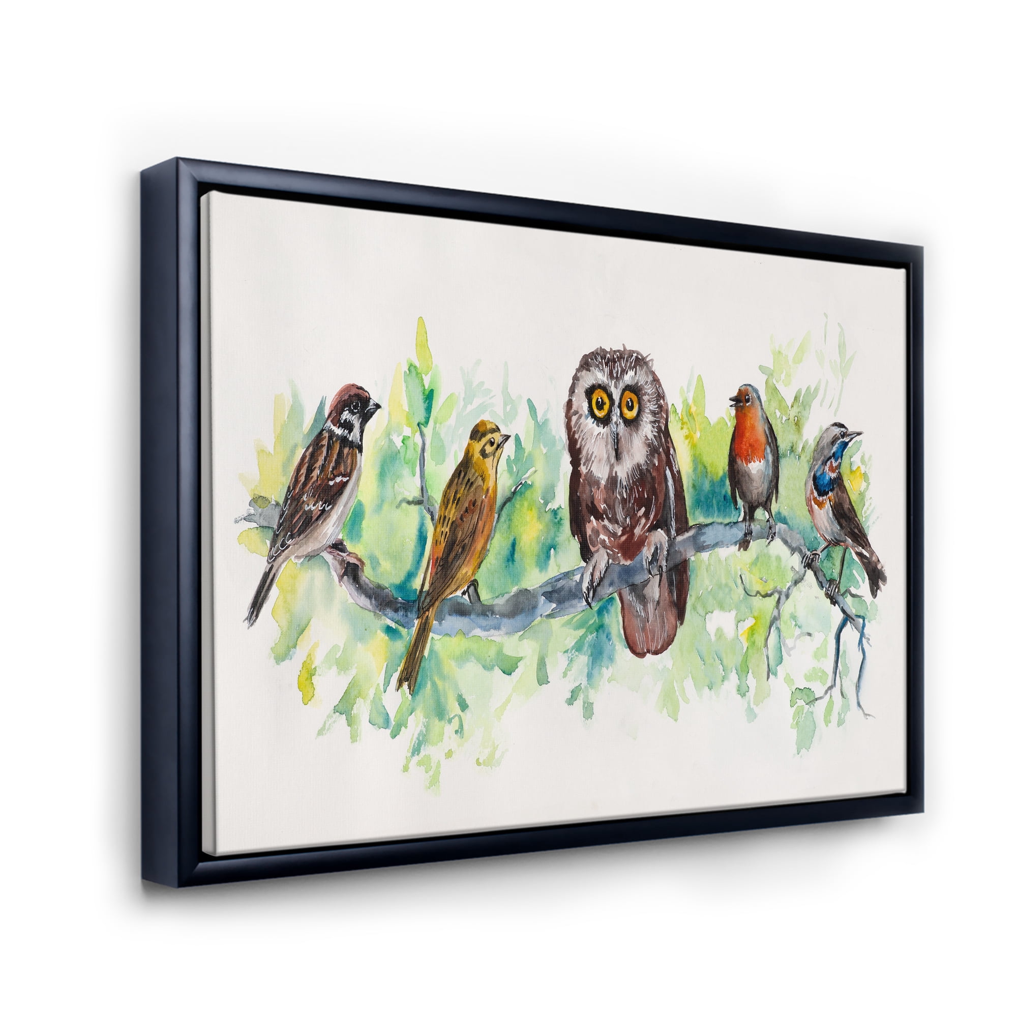 Designart 'Bird Friends With Owl On A Branch' Traditional Framed Canvas Wall Art Print