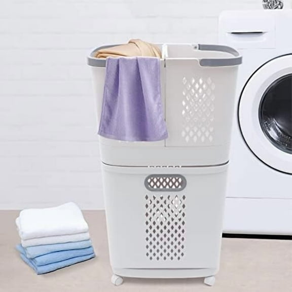 2 Layer 3 Movable Household Laundry Baskets, PP Laundry Hamper with Universal Wheels, Large Floor-standing Clothes Storage Dirty Clothes Basket with Thickened Handles(White)