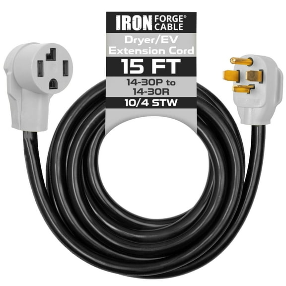 Iron Forge Cable 15 Ft Dryer/EV Extension Cord - 14-30P to 14-30R Black STW 10 Gauge Cable, 30 Amp Heavy Duty for EV Charging and RV Trailer Campers.