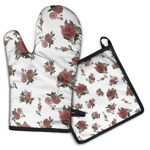Oven Mitts and Pot Holders Sets 2Pcs, 100% Cotton Heat Resistant, Red Flower on White Extra Long Oven Gloves Potholder for Kitchen Cooking Baking Decoration