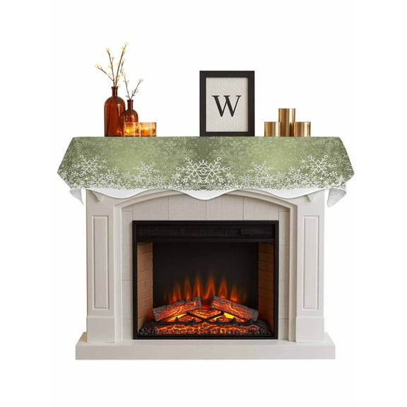 Sage Green Snowflakes Christmas Fireplace Mantle Scarf, Winter Xmas Snowflake Mantel Cover Table Runner for Home Living Room Door Window, Indoor Outdoor Holiday Party Decor 17" x 60"