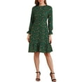 thumbnail image 3 of MODA NOVA Juniors Printed Long Sleeves Keyhole Neck Ruffle Hem Midi Dresses XS Green, 3 of 8