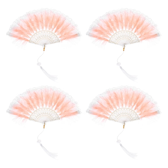 Uxcell Feather Hand Fan Watermelon Red Vintage Folding Fan with Tassels Feather Fan for Halloween Party,4 Pcs