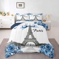 Homewish Romance Paris Full Size Comforter Sets,Eiffel Tower Bedding Comforter Set,Blue White Bedding Sets For Girls Kids,Microfiber Bedroom Decor Reversible,3pcs