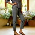 thumbnail image 7 of Women's Mid Waisted Casual Pants, Button Front Cropped Trousers With Pockets, Pull On Elastic Waist Soft Stretchy Fabric, Comfy Side Split Tapered Leg for Work Office, Weekend, 7 of 7