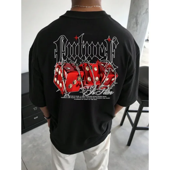 Men's Oversized Gothic Streetwear Chrome Red Dice Graphic T-Shirt