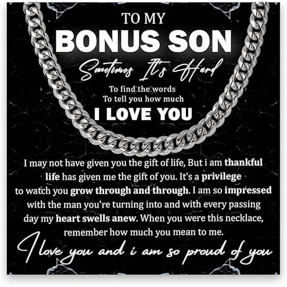 To My Bonus Son Necklace From Stepfather, Stepson Gifts From Stepmom, Bonus Son Gifts From Stepdad, Christmas Birthday Necklace With Message Card and Gift Box