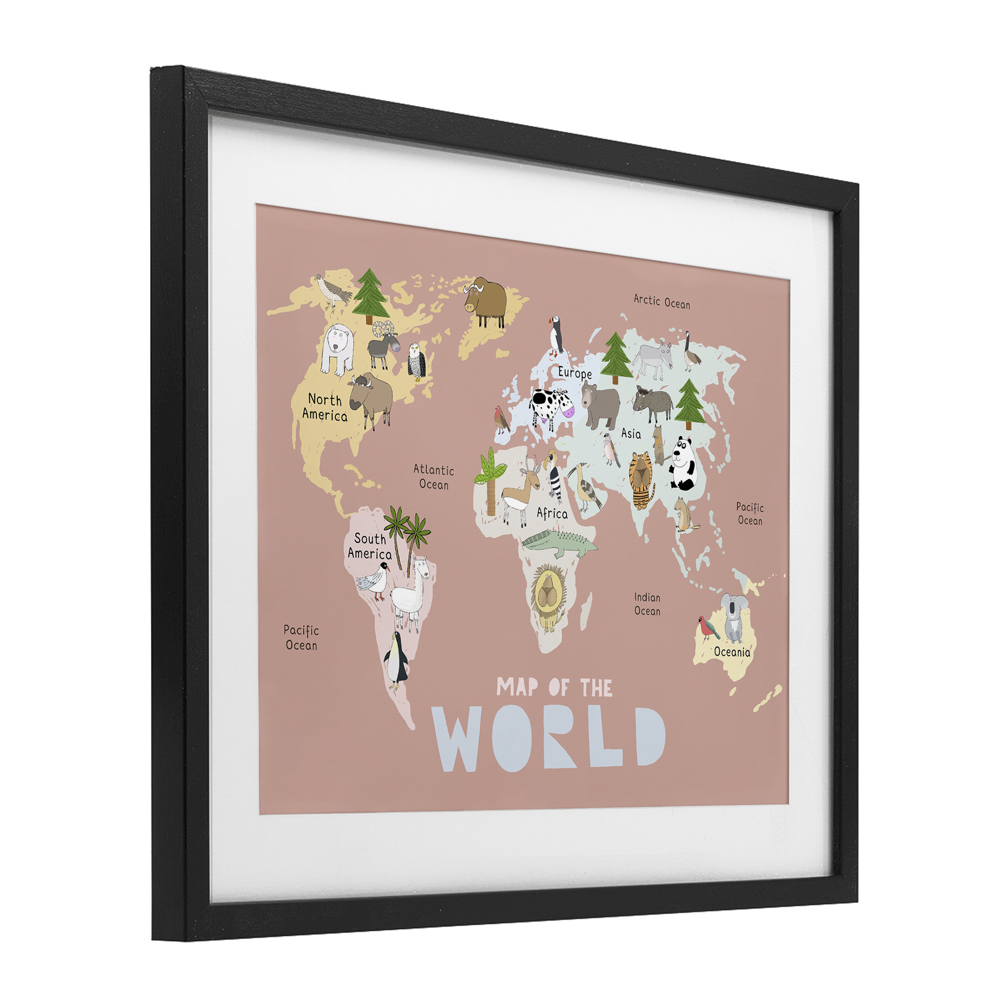 Kid's Map Of World Pink Black Framed Print Under Glass, design by Carla Daly