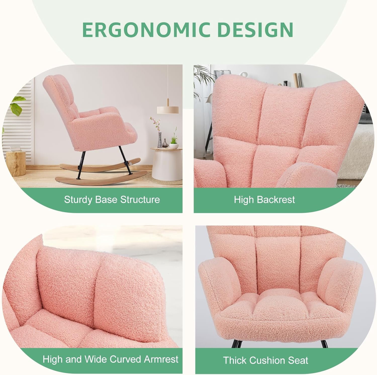 QUIOCOZY Nursery Rocking Chairs, Teddy Upholstered Glider Recliner Rocking Chair with High Backrest Armchair, Comfy Reading Chair Fluffy Accent Side Chair for Nursing, Living Room, Bedroom