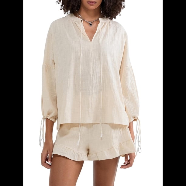 Conjunto de Dos Piezas para Mujer: Top de Larga con Lazo y Bóxer con Volantes Conjunto Informal A Juego Albaricoque M