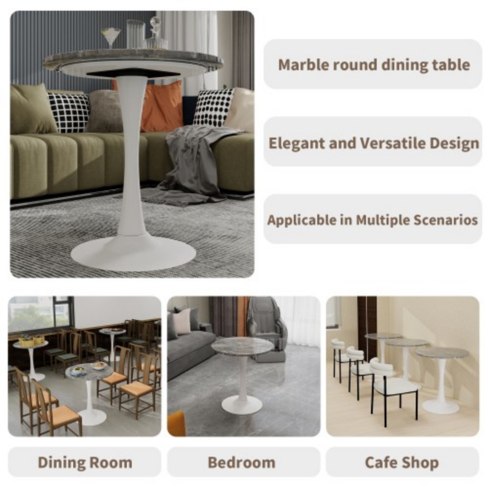27.6" Round Coffee Table, Dark Gray Veined Marble-Look Top with White Pedestal Base, Mid-Century Modern Dining Table for 2-4, Living Room