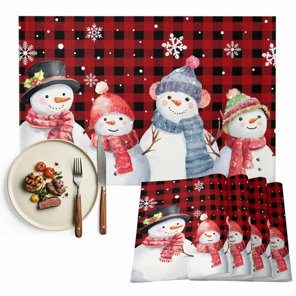 Snowman Friends Christmas Placemats Set of 8, Red Black Check Plaid Snowfalke Table Mats Washable Heat-Insulation Non-Slip Place Mats for Kitchen Dinner Table Indoor Outdoor Decor,13x19 Inch