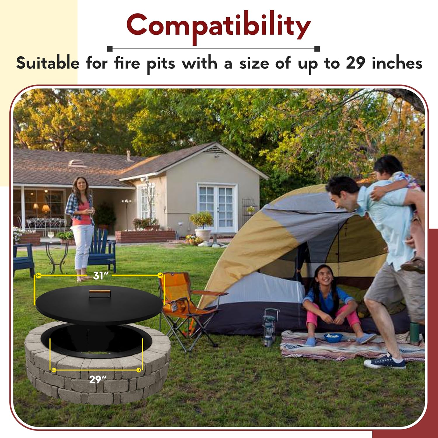 Firepit Snuffer Lid - Carbon Steel 31 Inch Fire Pit Lid with Powder Coating & Ergonomic Wooden Handle - Fit for Fire Pit Size up to 29 Inch - Reliable Use as Garden Decor Fire Pit Accessories