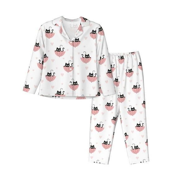 Bingfone Womens Pajama Sets Umbrella Cat Print,Long Sleeve Loungewear Pajamas Set-Medium