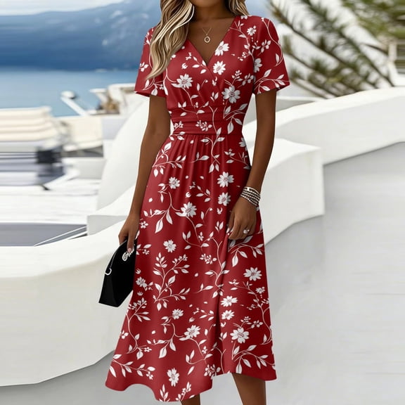 Summer Dresses for Women 2026 Short Sleeve Wrap V-Neck Modest Dresses Elastic High Waist A-Line Casual Party Work Dress