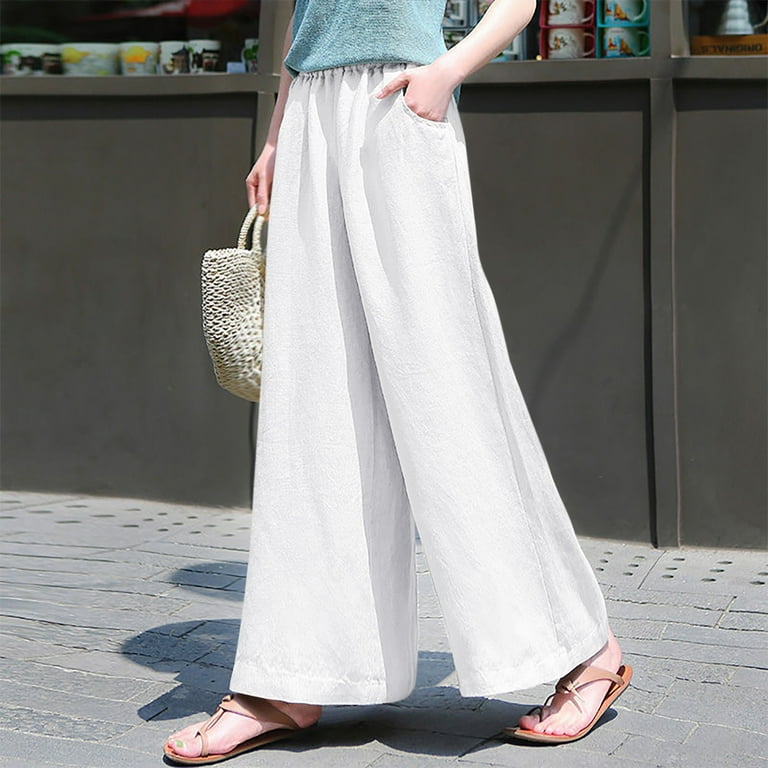 Chwgfwl Wide Leg Dress Pants for Women Elastic Breathable Trousers Loose Cotton And Linen Pant Womens Pants With Pocket Petite Wide Leg Pants for