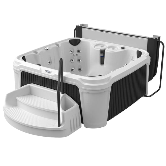AquaRest DayDream Ensemble 3500S 6-Person 35-Jet Plug and Play Hot Tub with 2 LED Waterfalls, Step with Handrail and Cover with Lifter, Whitestone/Black