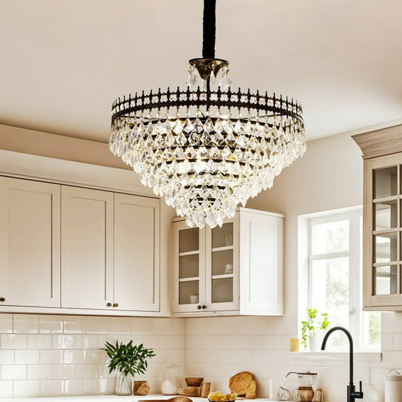 LUVODI 60cm Farmhouse Vintage Round Ceiling Chandelier w/ Layered Crystals Pendant Lighting Fixture