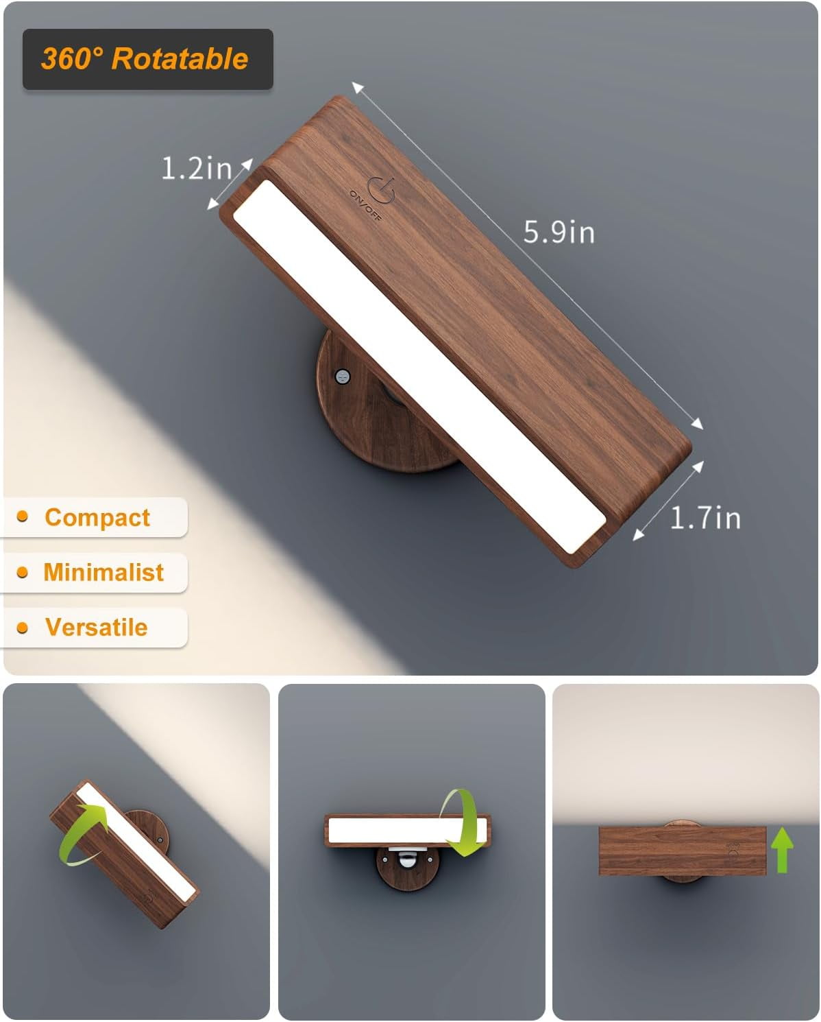 Wall Lights, Battery Operated Wall Sconce,Wireless Rechargeable Wall Sconce for Bedroom, Wall Mounted Reading Light, LED Wall Lights Rotatable, Brown 1 pack