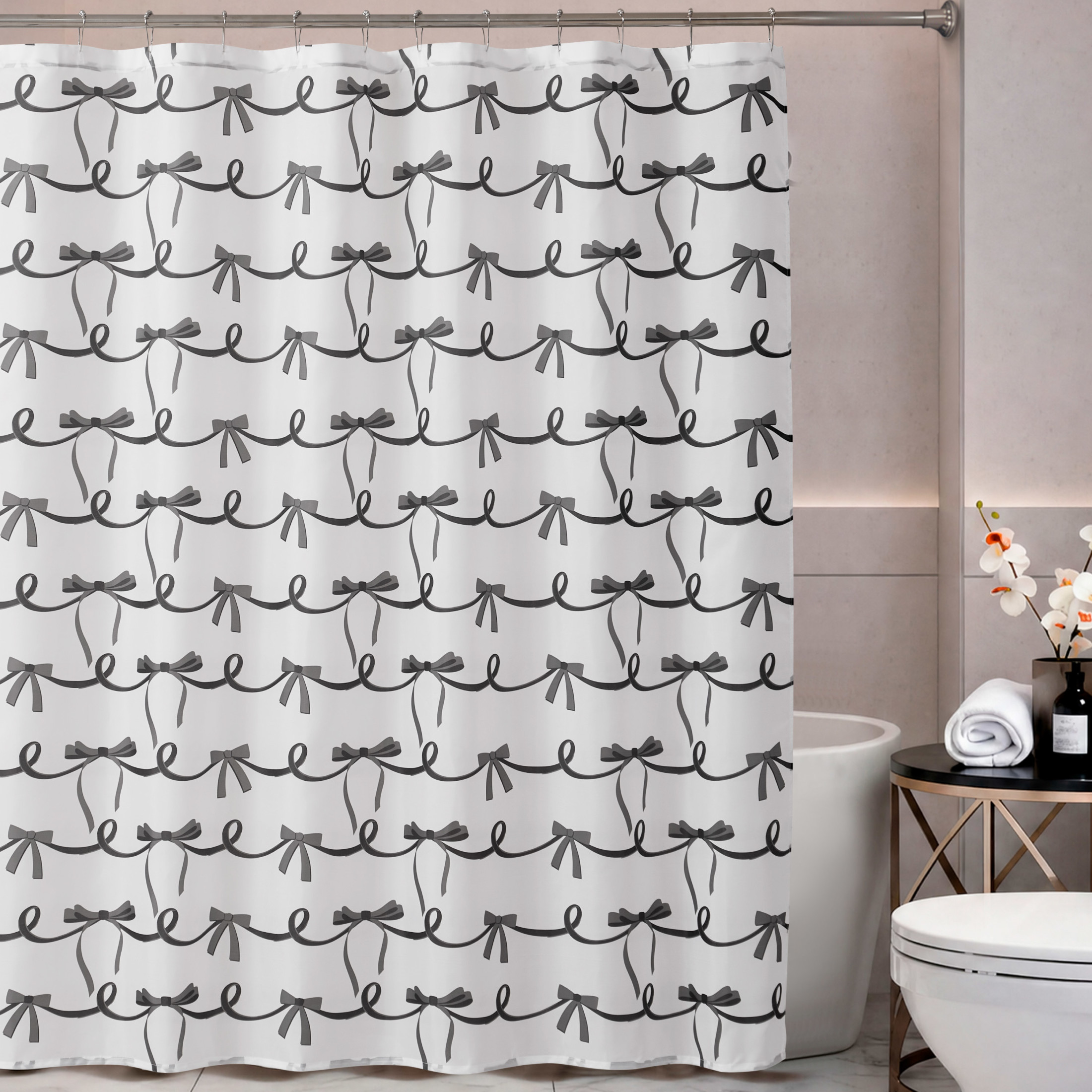 CHI Bows In A Stripe Shower Curtain with Hooks and Rugs Modern Washable 72" W x 72" L 15-Piece Set
