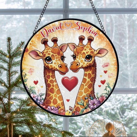Personalized Giraffe Couple Faux Stained Glass Suncatcher, Valentine Giraffe Window Hanger, Couple Giraffe Art, Valentine Gifts