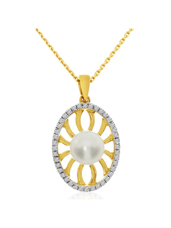 14k Yellow Gold Freshwater Cultured Pearl And Single Cut Diamond Pendant