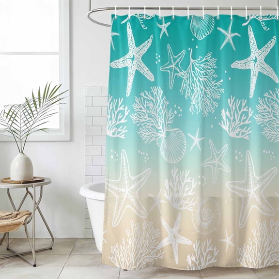 Teal Beige Ombre Coastal Shower Curtain Set, Waterproof Shower Curtains for Bathroom, Nautical Beach Starfish Coral Summer Washable Fabric Bath Curtain for Bathtub Decoration with Hooks 72x78 Inches