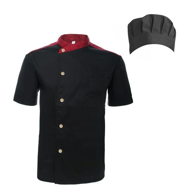 TopTie Unisex Short Sleeve Cooking Chef Coat Jacket with Adjustable Hat-Black Snap-3XL