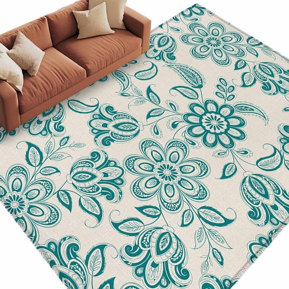 6x9 Area Rugs for Living Room, Teal Flowers Non Slip Area Rugs for Kitchen Bedroom Entryway, Vintage Ethnic Tribe Country Farmhouse Washable Carpet Runner Rug Floor Mats for Bedroom Home Decor