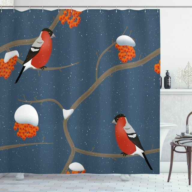 Ambesonne Rowan Shower Curtain, Snowy Tree Branches Birds, 69"Wx84"L, Dark Blue Orange Red