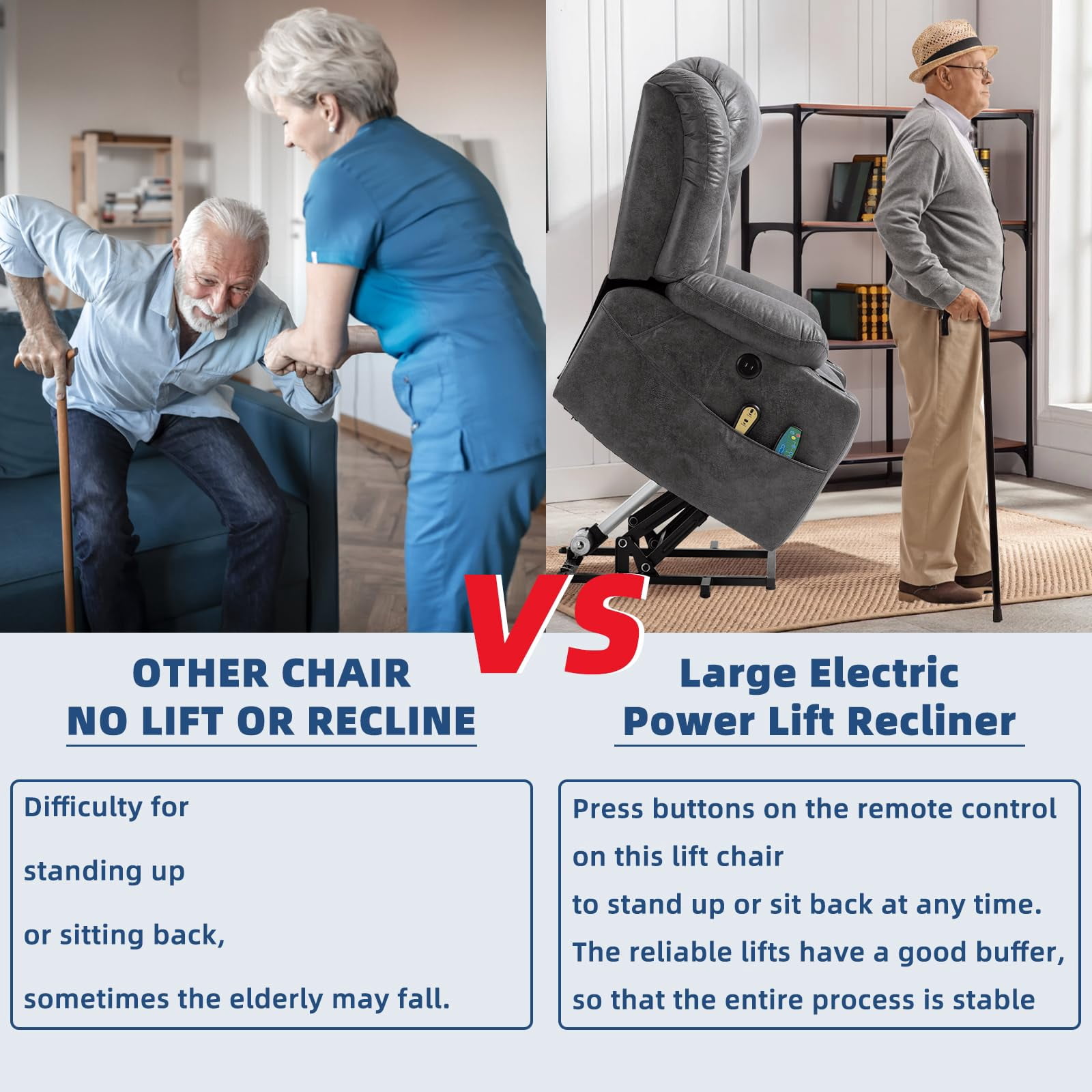 SOCIALCOMFY Large Electric Power Lift Recliner Chair with Extended Footrest for Elderly Big Man, Overstuffed Wide Massage Lounge Chairs with Heat, 2 Cup Holders, Side Pockets & USB Ports, Gray