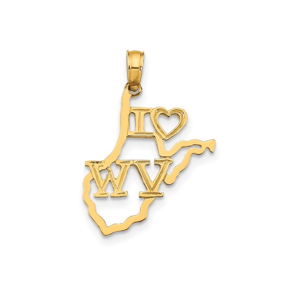 14k Yellow Gold West Virginia Pendant Necklace with I Love WV Letters, State Outline Charm for Women or Unisex, Dainty USA Travel Keepsake, State Pride Fine Jewelry