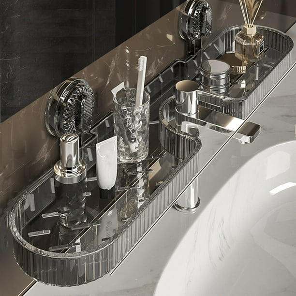 Estante de pared para grifo con ventosas resistentes para baño, organizador de cosméticos sin agujeros y gran capacidad de carga para organizar el tocador Aestivo | Gris | AESTIVO