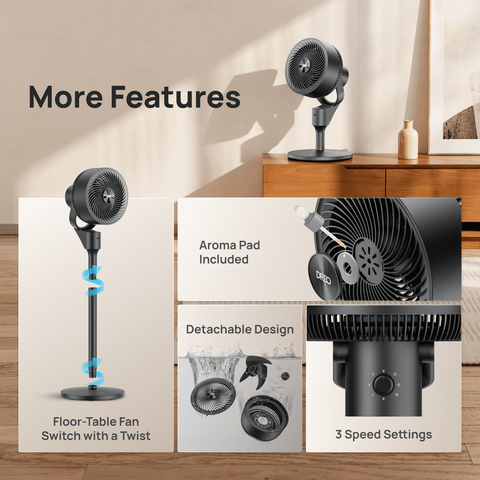 DREO Pedestal Fan for Home, 2-in-1 Oscillating Fans for Table/Floor, 80ft Floor Fan for Room, 3 Speeds, 25dB, AC Motor,80° Horizontal + 90° Manual Vertical Oscillating Standing Fan, Aroma Pad