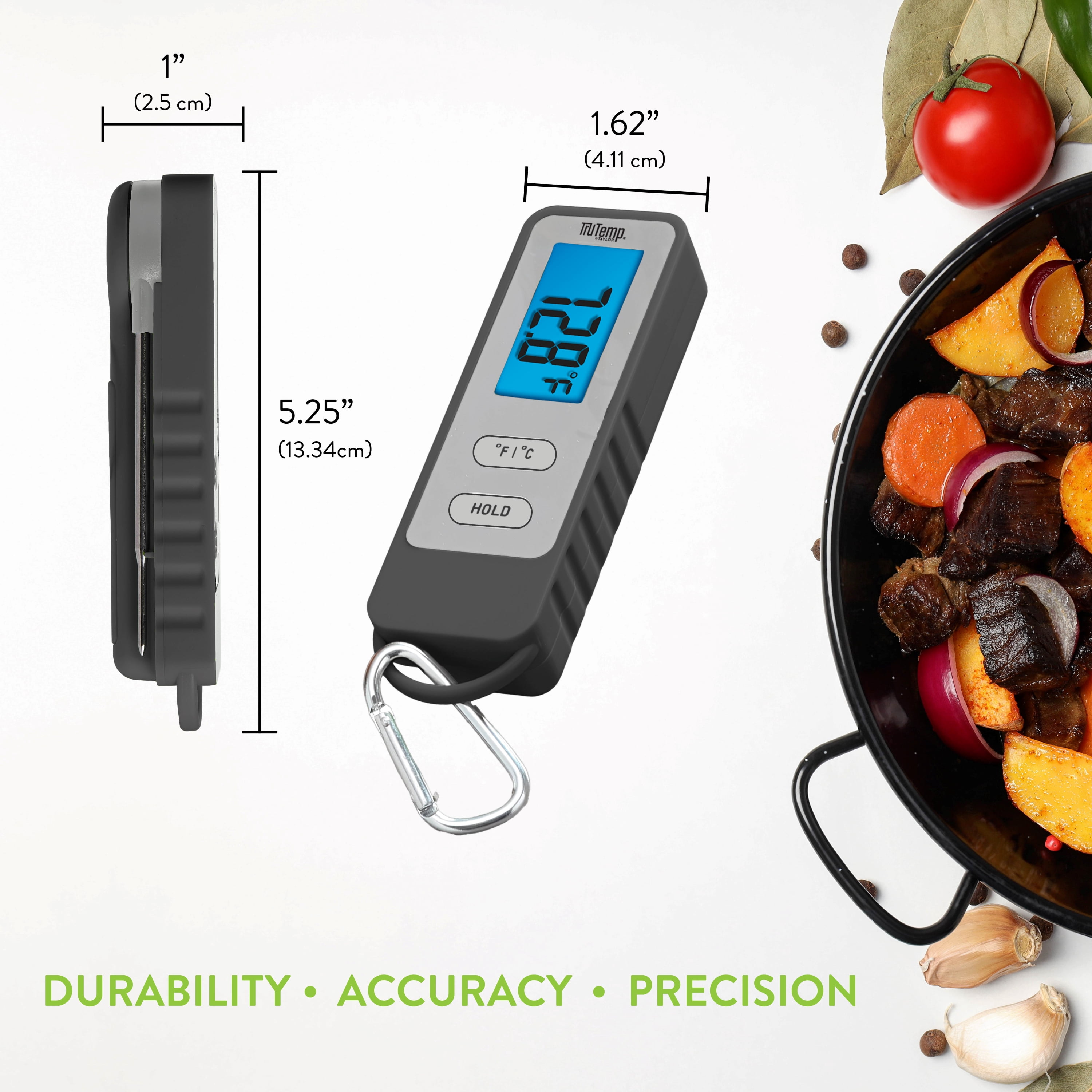 TruTemp Compact Battery Powered Digital Folding Meat Thermometer with Carabiner Clip, Gray
