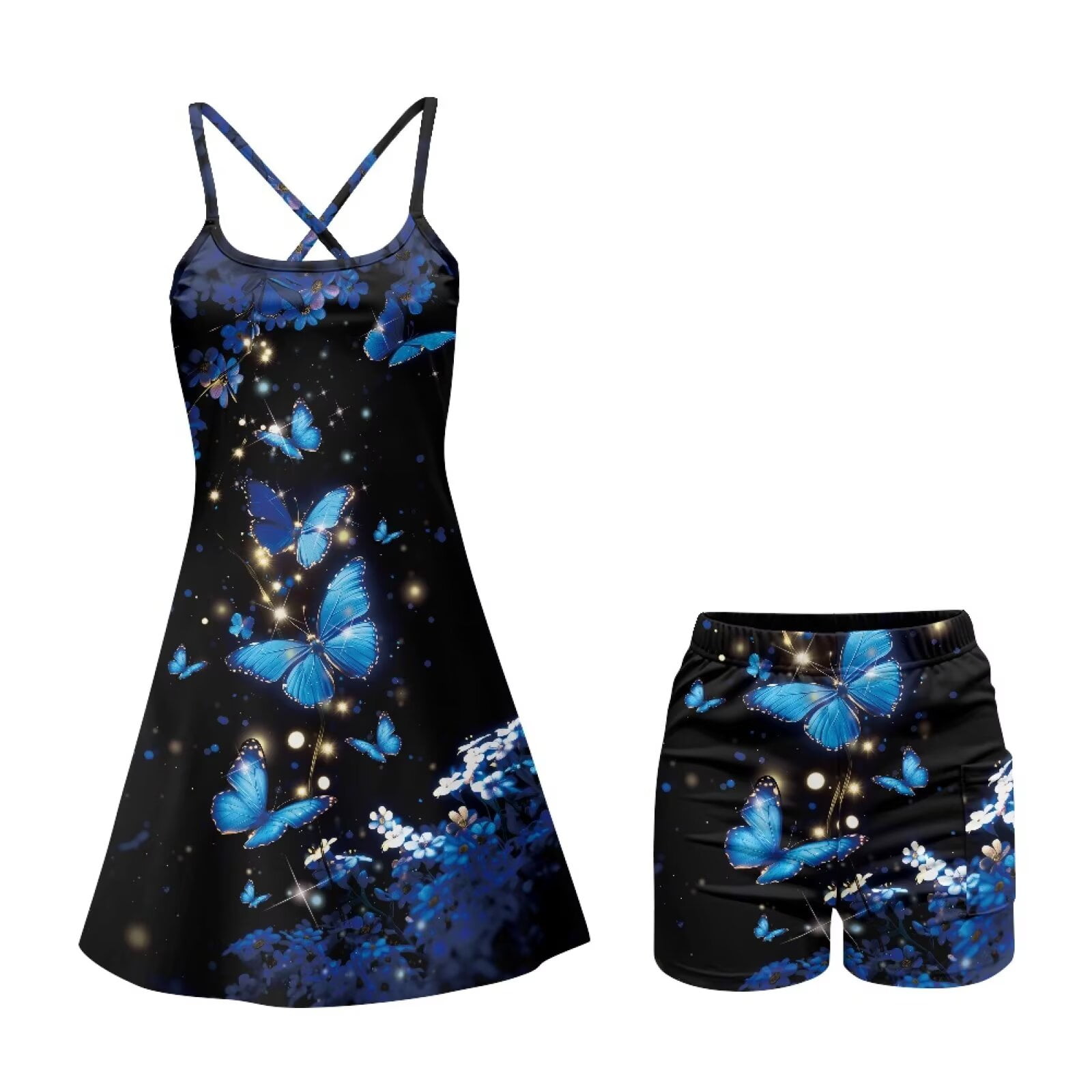 Yuyamidu Blue Butterfly Golf Dress Built-in Shorts with Pockets, Stretchy Backless Crossover Sport Dresses Casual Sleeveless Sport Dress for Women Size XL