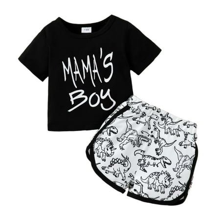 

6 Months Baby Boys Clothes 9 Months Boys 2PCS Summer Outfits Set Letter Dinosaur Print Infant Boys Short Sleeve Top Shorts Set Black