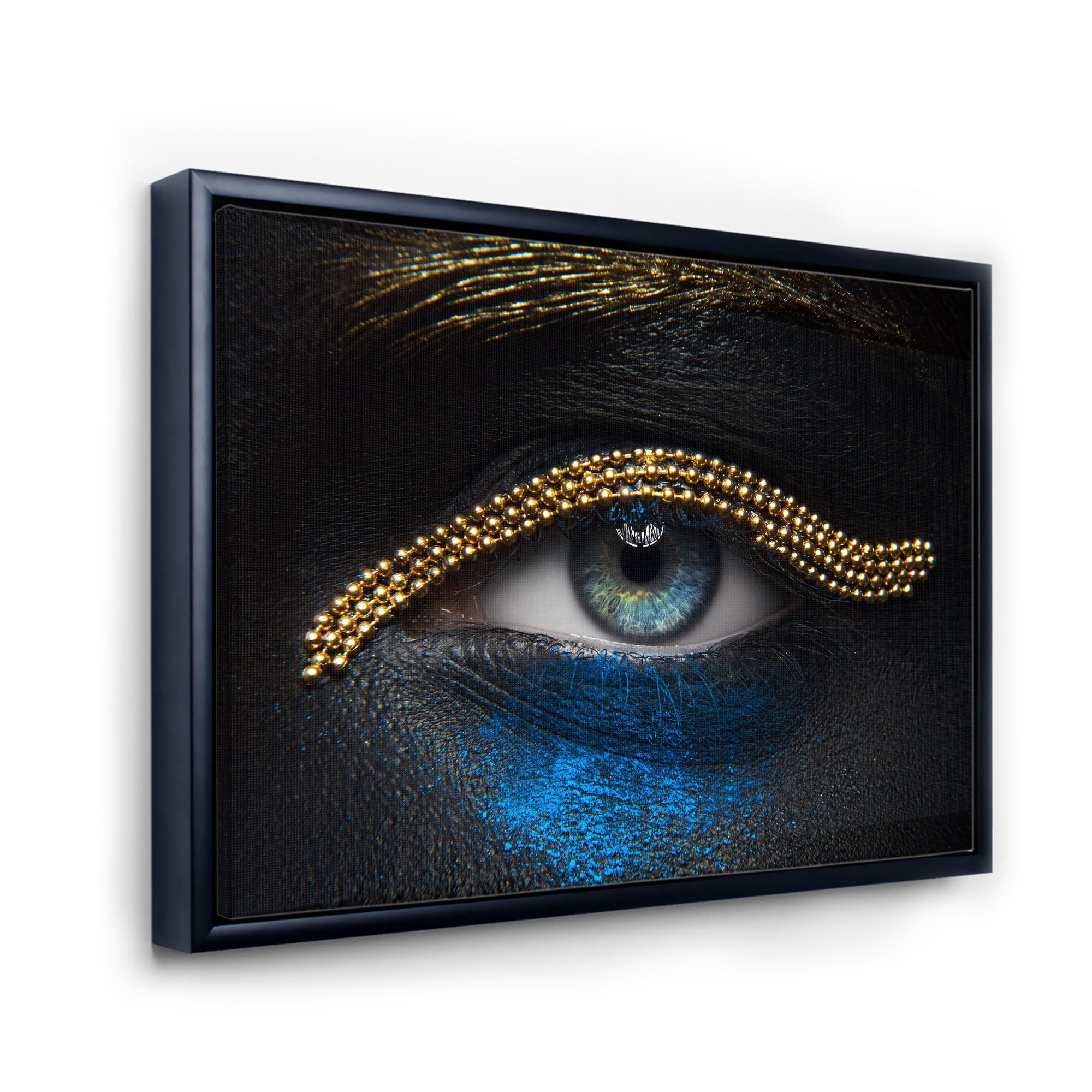 Designart 'Girl Eyes With Gold Chain and Blue Pigment' Modern Framed Canvas Wall Art Print