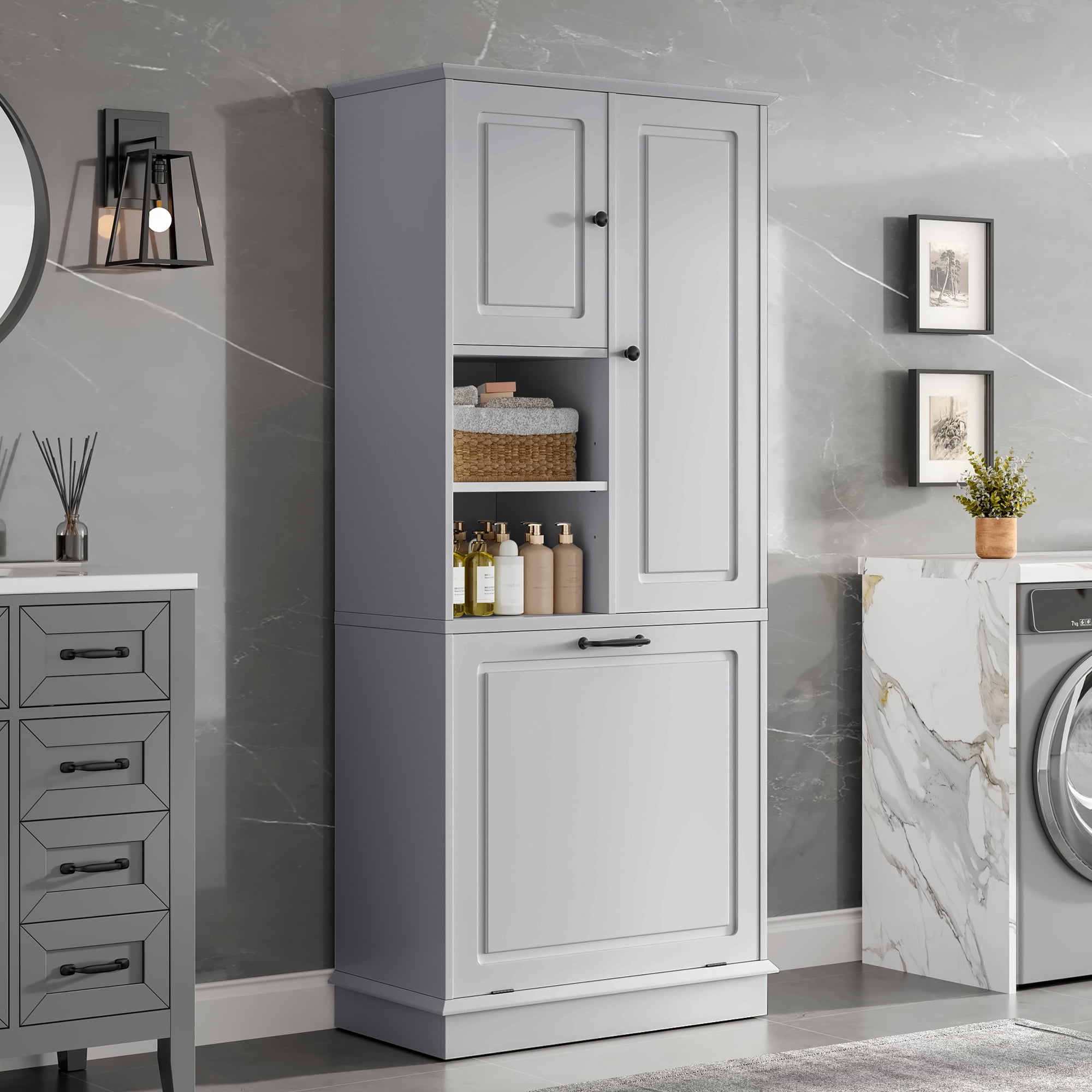 Tall Storage Cabinet with Adjustable Shelves, Large Flip-Out Basket & Enclosed Cabinets – Perfect for Bathroom, Living Room, or Office, MDF Material with Aluminum Alloy Handles