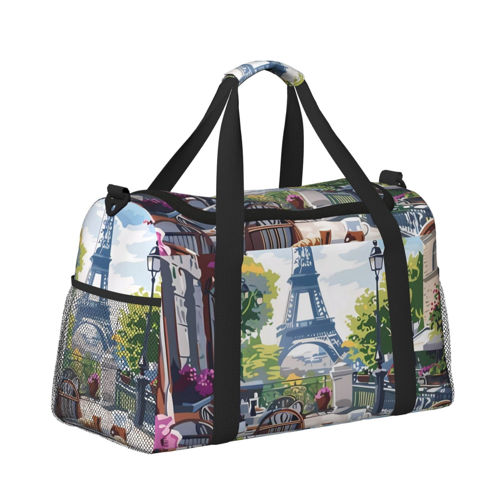 Kuqiui Parisian Cafe With Eiffel Print Foldable Travel Duffel Bag Tote Carry on Luggage Bag Personal item Sports Gym Bag Water Resistant Weekender Overnight Bags for Women and Men