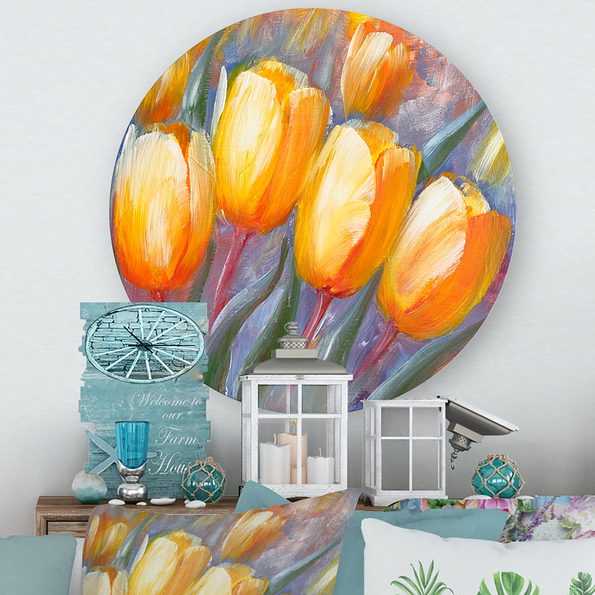 Designart 'Abstract Yellow Blooming Tulips' Traditional Circle Metal Wall Art 11x11 - Disc of 11